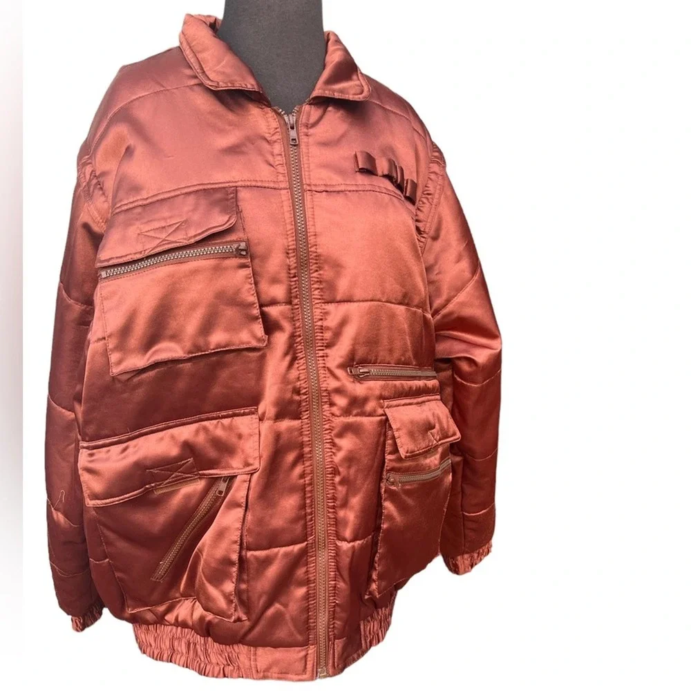 VINTAGE  Metallic Orange Puffer coat vest combo Ski Jacket Streetwear Pockets - Picture 3 of 7